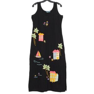 Vintage Dress Embroidered Cottage Quirky Tropical Boho Beachy Midi Black Small